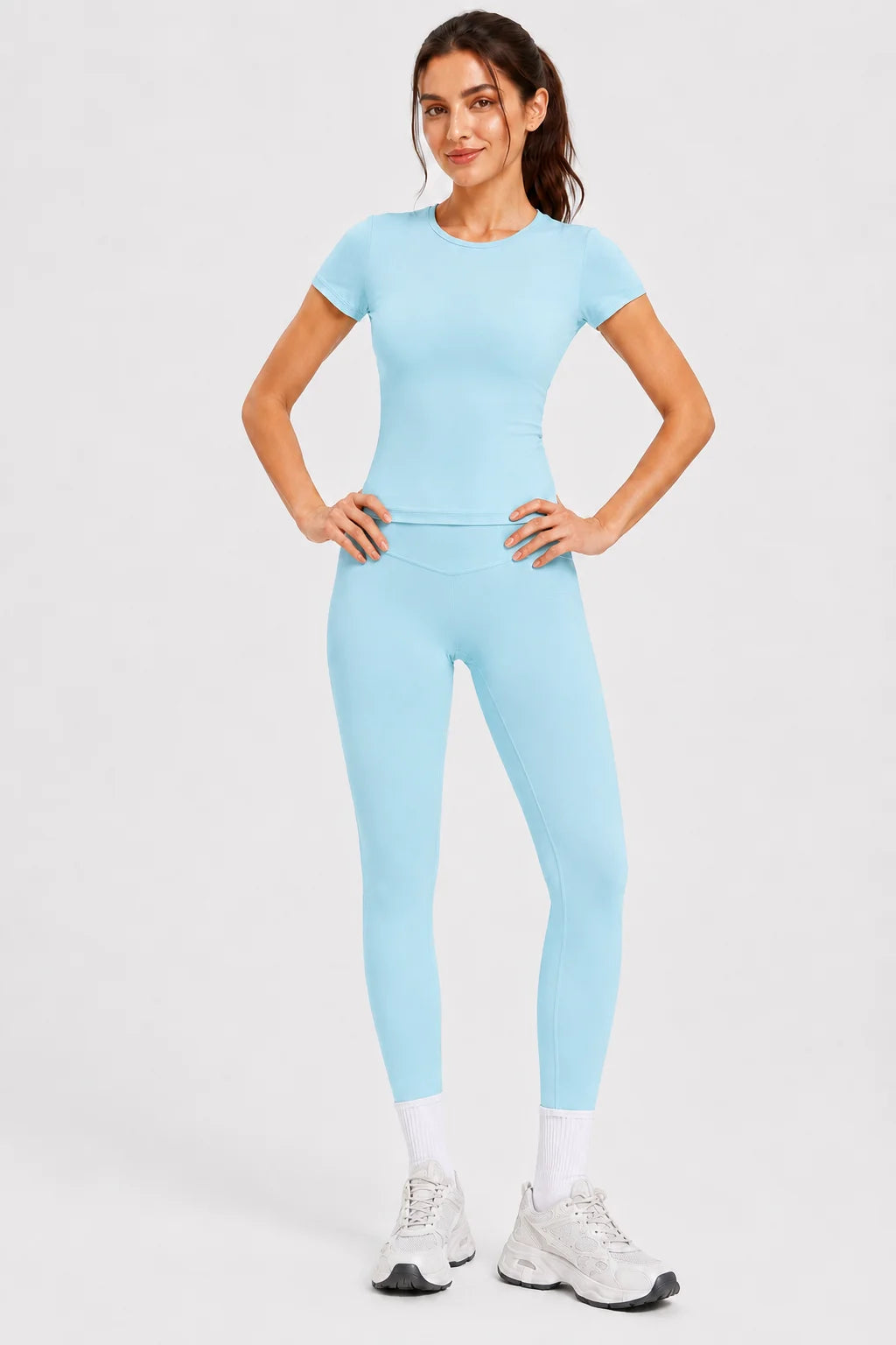 Ladies Sportswear Set (Short Sleeve Top + Long Pants) Fitness Gym Workout Clothing Running Yoga Ensemble