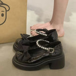 Women's Pearl Bow Platform Mary Jane Shoes Chunky Block Heel Sweet Lolita Japanese Style Casual Dress Shoes