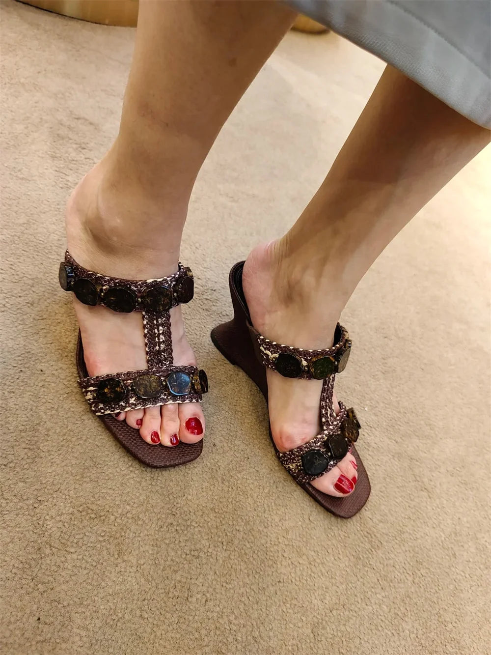 Boho Raffia Comfortable 8cm High Heels Wedge Slide Mules T-Strap Vacation Beach Straw Heels Espadrille Wedge Sandals Women Shoes