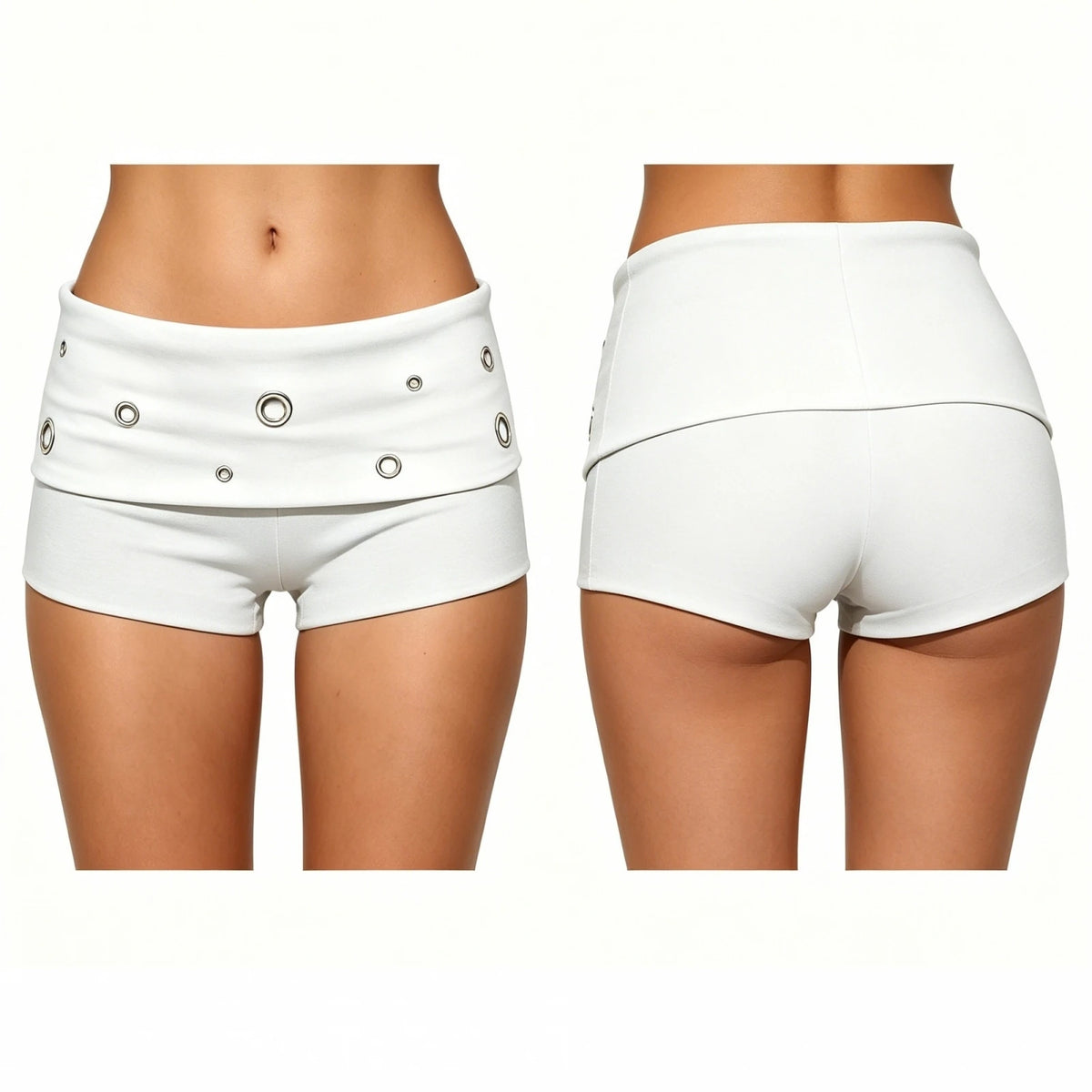 2026 Summer Women's Shorts Low Rise Solid Color Slim Fit Hot Pants with Metal Eyelet Fold-over Party Club Shorts Streetwear