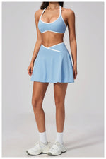 Summer New Outdoor Breathable Yoga Sets Women Color Block Shockproof Sports Bra Tennis Pleate Skirt Gym Workout Fitness Suits
