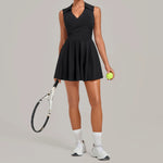 Summer Women Solid Tennis Dresses Sleeveless Turn Down Collar Pleated Skirts with Detachable Pocket Shorts Slim Yoga Golf Dress