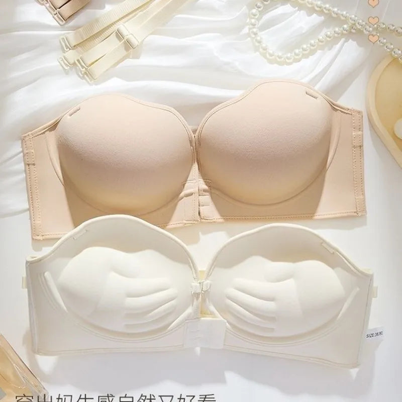 12CM Extreme Push Up Strapless Bra, Front Closure Anti-Slip Invisible Hand Cup for Small Chest, Seamless Adhesive T-Shirt Bra
