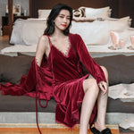 V-Neck Long Velour Robe&Strap Nightgown Suit Autumn Sexy Sleepwear Bride Bridesmaid Bathrobes Chemise Sleepdress Loungewear