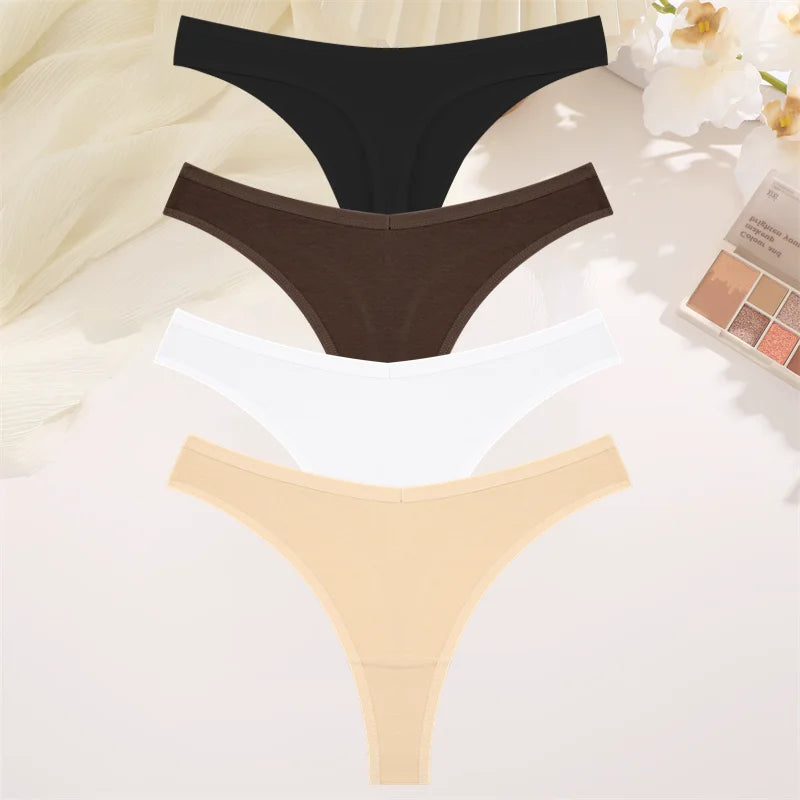 4PCS Women Seamless Thong Cotton Thin Strap Low Waist High Flexibility Panties Sexy Underwear Ladies Briefs T-back Soft Women