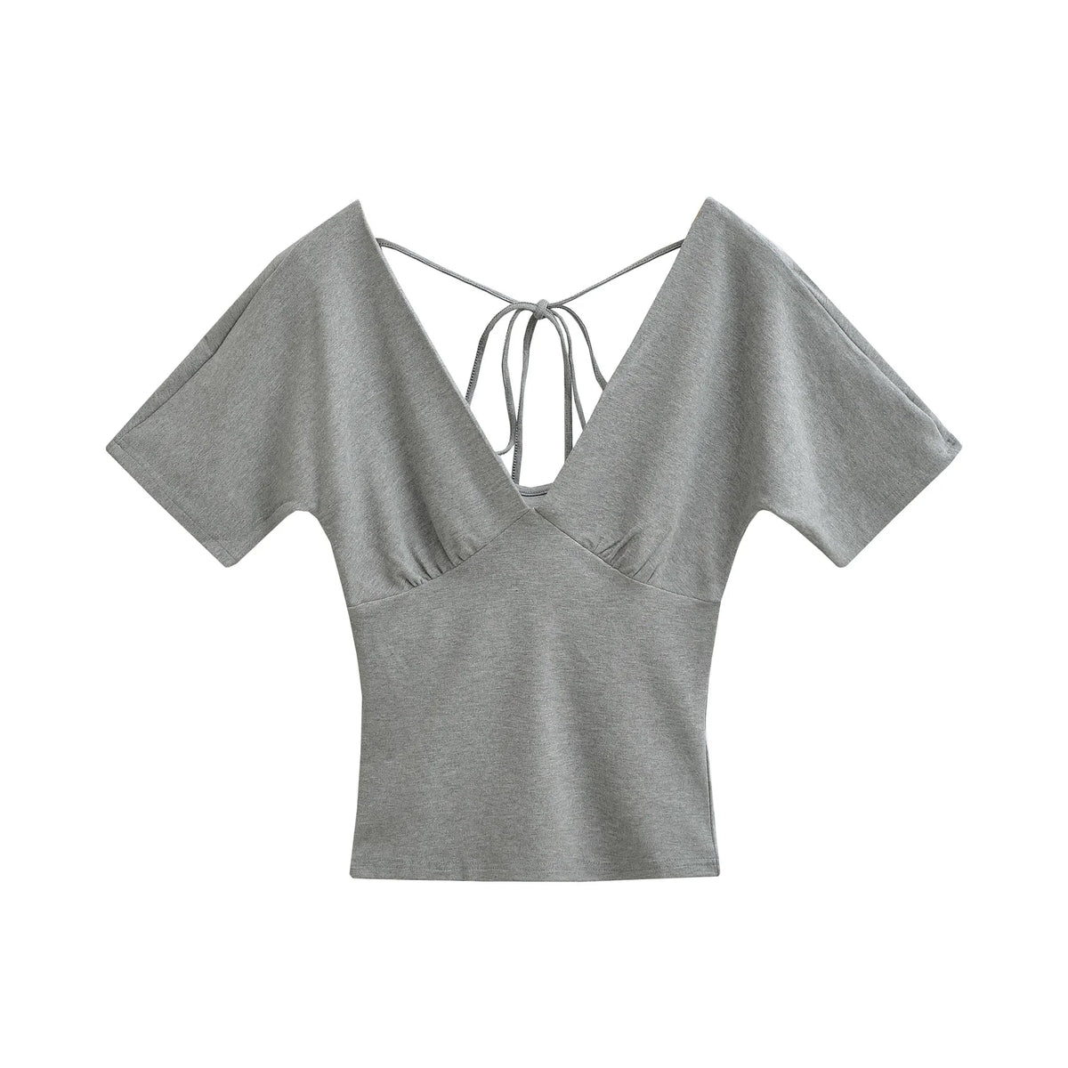 Spring Korean Slim Fit Deep V Neck Tie-Up Clean Face Crop Top Short Sleeve Pullover T-Shirt Base Shirt Solid Color Fashion RM7O