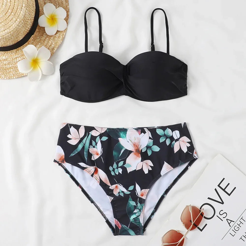 Print Bandeau Bikini Swimsuit Women Push Up Bikini Set Swimwear Female High Waisted Bathing Suit Beach Wear Brazilian Biquini