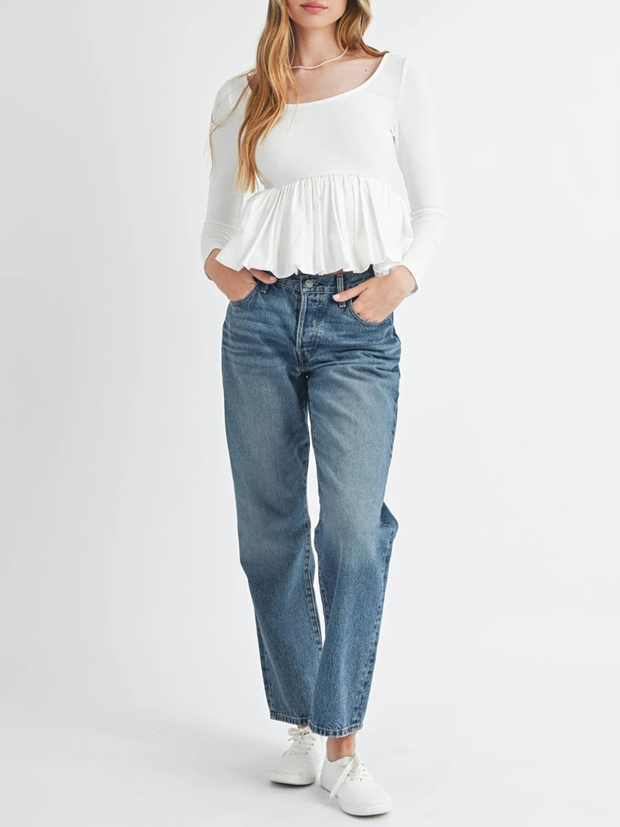 Women Long Sleeve Fall Peplum Tops Casual Solid Color Ruffled Hem Basic T-shirts Streetwear