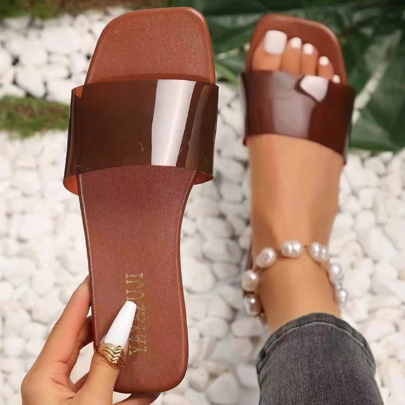 Women Fashion Sandals 2026 New Summer Flat Shoes Square Toe Slip-on Girls Indoor Street Slippers Plus Size Beach Slides