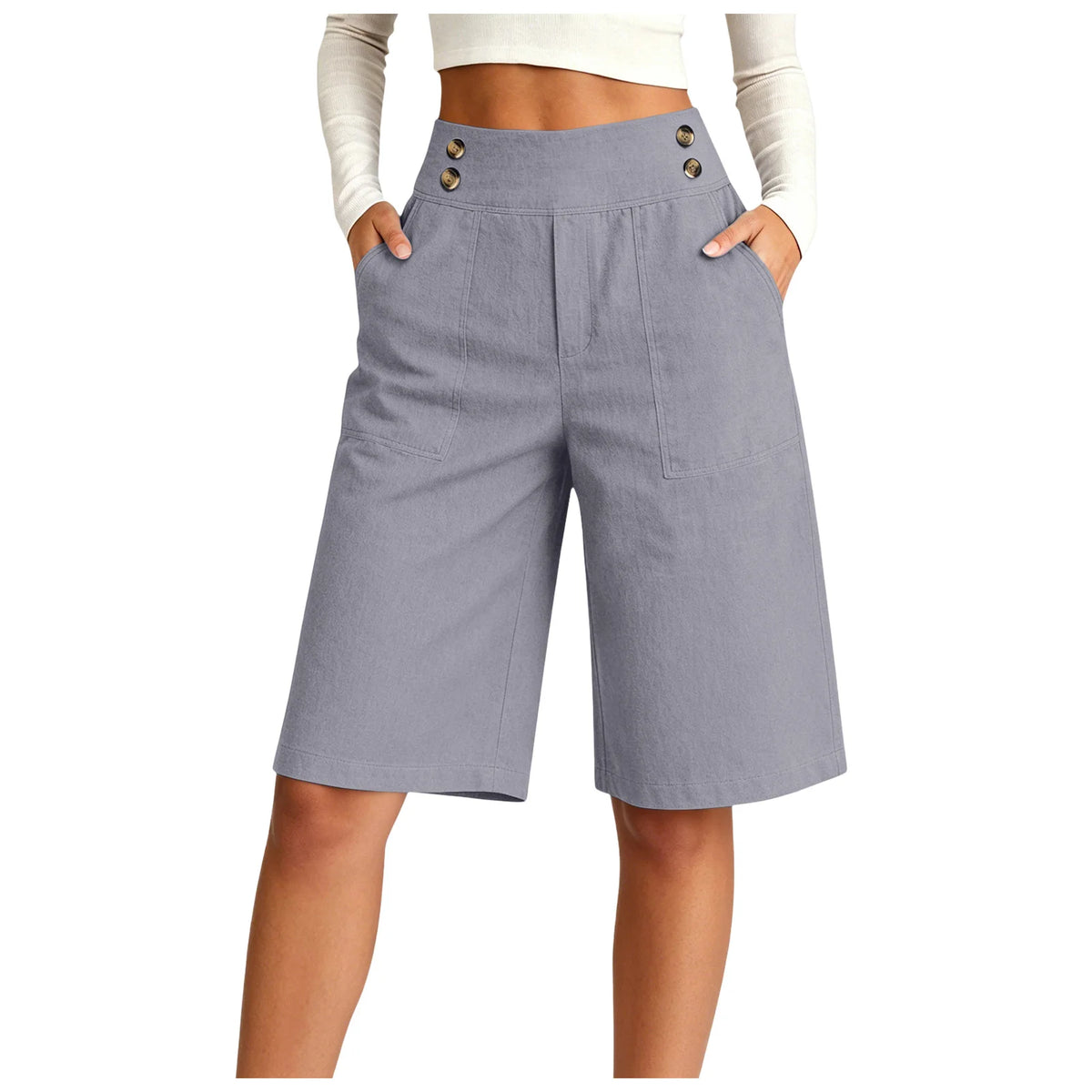 Women's High Waist Cotton Linen Bermuda Shorts Double Breasted Wide Leg Casual Shorts With Pockets Loose Fit Office Summer Short