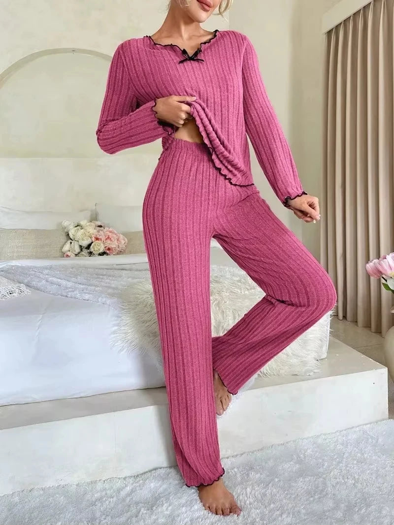 Women Autumn Winter New Sleepwear Y2K Ribbed Pajamas Set Long Sleeve Top and Long Pants 2 Piece Set Casual Homewear Loungewear