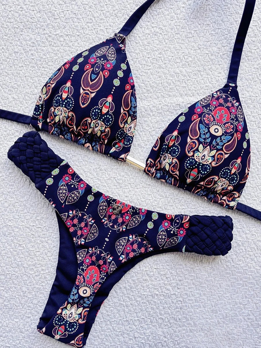 Printed Halter Braided Rope Mini Thong Bikini Female Swimsuit Women Swimwear Two-pieces Bikini Set High Cut Bather Bathing Suit