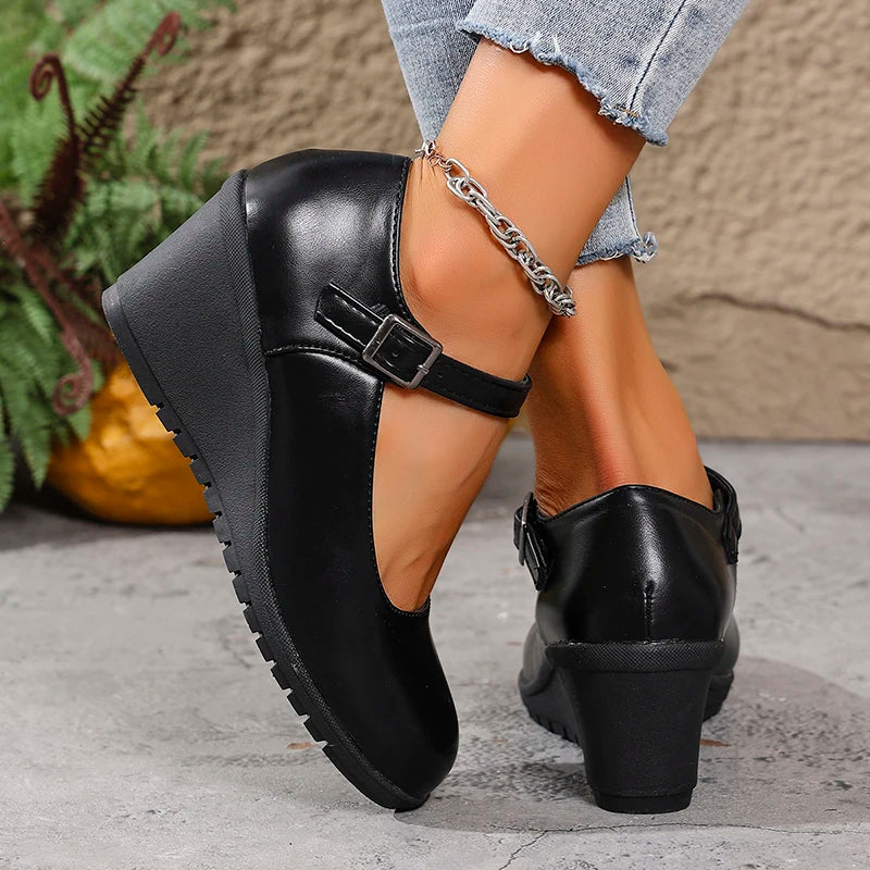 2026 New Ankle Buckle Wedges Heel Pumps Women Black Pu Leather High Heels Mary Jane Shoes Woman Plus Size 42 Office Pumps Ladies