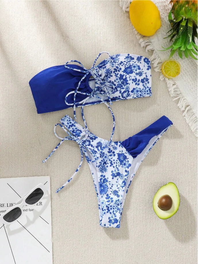 New Sexy Floral Print Bandeau Bikini 2024 Women Swimwear Female Swimsuit Two Pieces Thong Bikini Set Bather Tie Bathing Suit