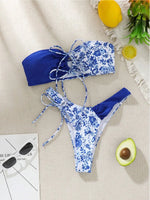 New Sexy Floral Print Bandeau Bikini 2024 Women Swimwear Female Swimsuit Two Pieces Thong Bikini Set Bather Tie Bathing Suit