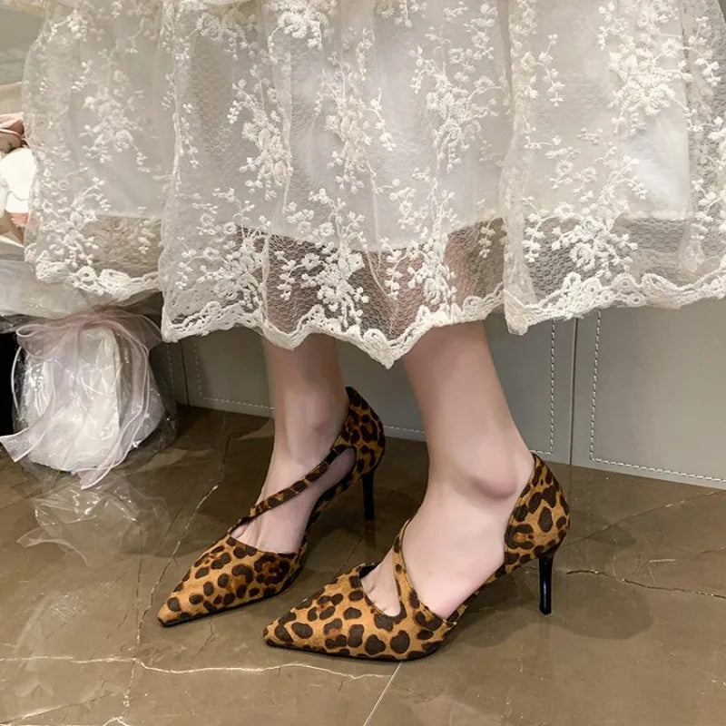 Summer High Heel Women Mules Sandals Fashion Pointed Toe Leopard Shoes Design Style Banquet Party