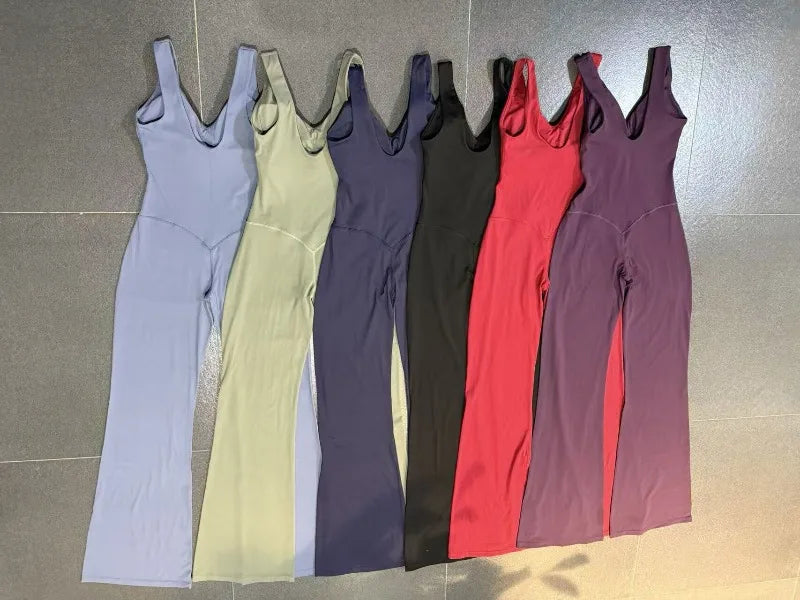 Women's Seamless Yoga Jumpsuits Sports Fitness Sleeveless Hip-lifting Flared One-piece Workout Gym Training Slim Fit Bodysuits