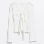 Women's Spring Summer Slimming Crop Tops Long Sleeve V Neck Tie Up Solid Color Trendy T-shirt