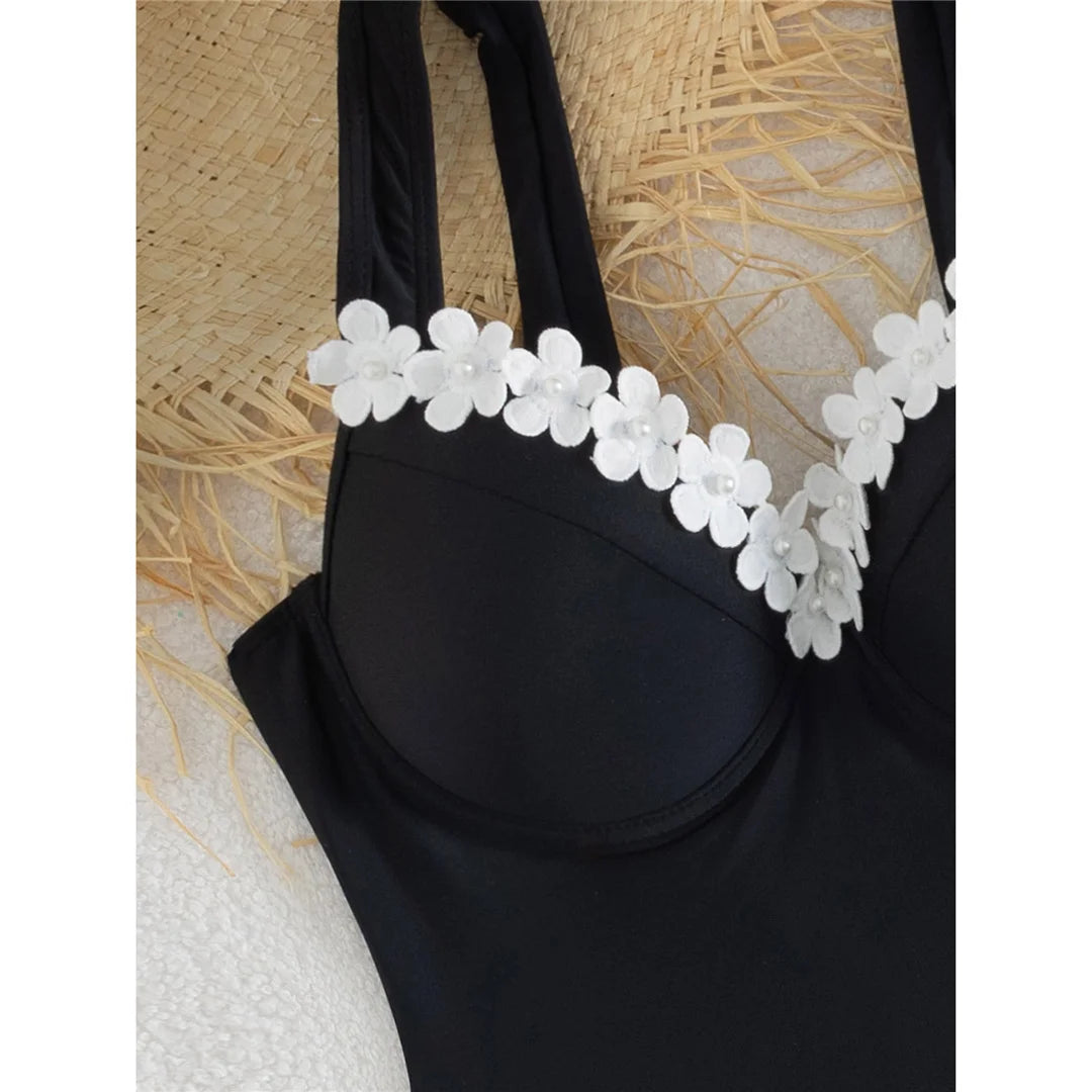 S - XL New 3D Flowers With Skirt Underwired Women Swimwear One Piece Swimsuit Female High Cut Leg Bather Bathing Suit Swim V7865