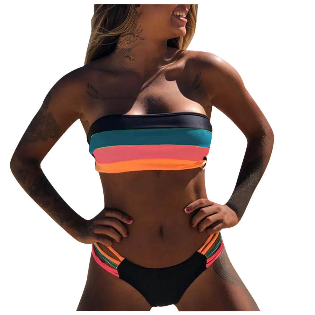 Bikini Swimwear Push-Up Bikinis Sets Colored Stripes Women Bra Padded Beachwear Bathing Suit New 2 Piece Swimsuit 2025 Biquini