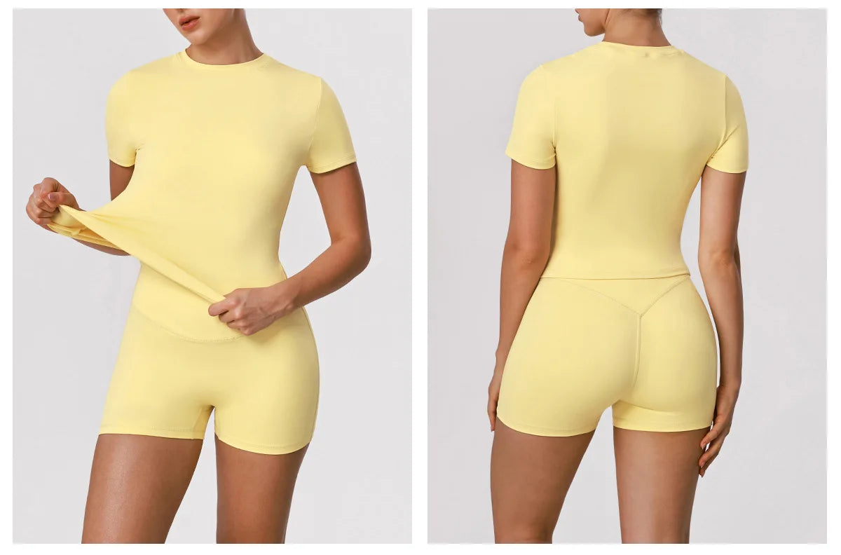 2 Pieces Sportswear Women Yoga Shorts Set Short Sleeve Sports T Shirts High Waist Hip Lifting Running Leggings Fitness Outfits