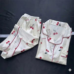 Cherry Print Silk Pajamas Set for Women Summer Short Sleeve Shirt and Shorts Two Pieces Sleepwear Homewear Nightwear