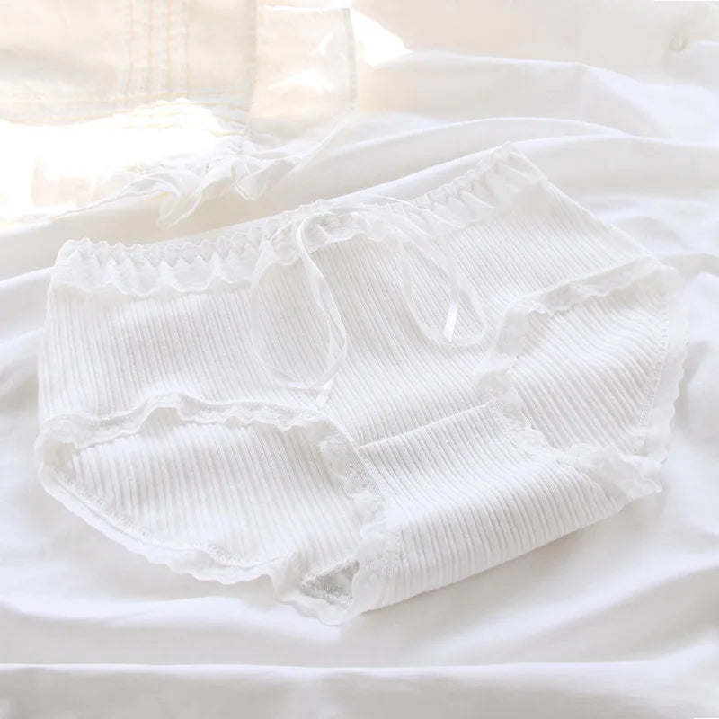 Girls SweetCute Underwear Cotton Lovely Soloid Middle Waist Briefs Young Girl Panties TeenagersWhite Intimates M L XLWhite