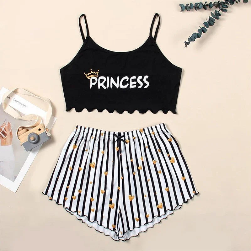 Summer Pajamas Set Women Sleepwear Sexy Lingerie Casual Sleeveless Striped Tank Top Vest + Shorts Set Pijamas Homewear