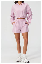 Summer Sun Protection Yoga Suit Women Contrasting Colors Long Sleeve Hoodies Top High Waist Shorts Running Fitness Athletic Wear