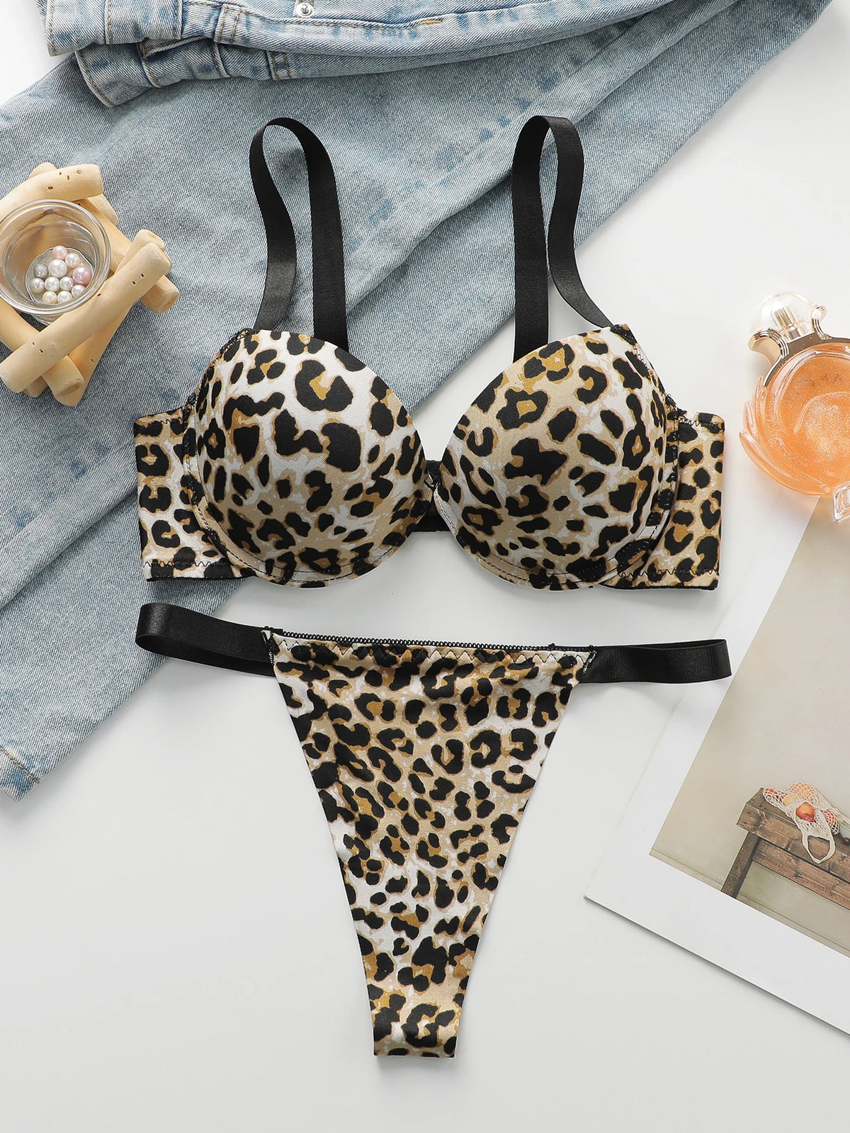 Sexy leopard print 2-piece set with gathered lifting and thickened steel support bra set for women's underwear B2051