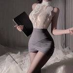 Women Lace Lingerie Set Floral Halter Bodysuit Bodycon Mini Dress Office Uniform Costume Nightwear Gift