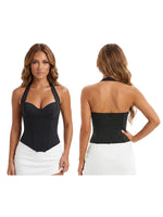 Women's Retro Corset Tops Open Back Halter Sleeveless Fishbone Slim Fit Tank Tops Summer Chic Vest