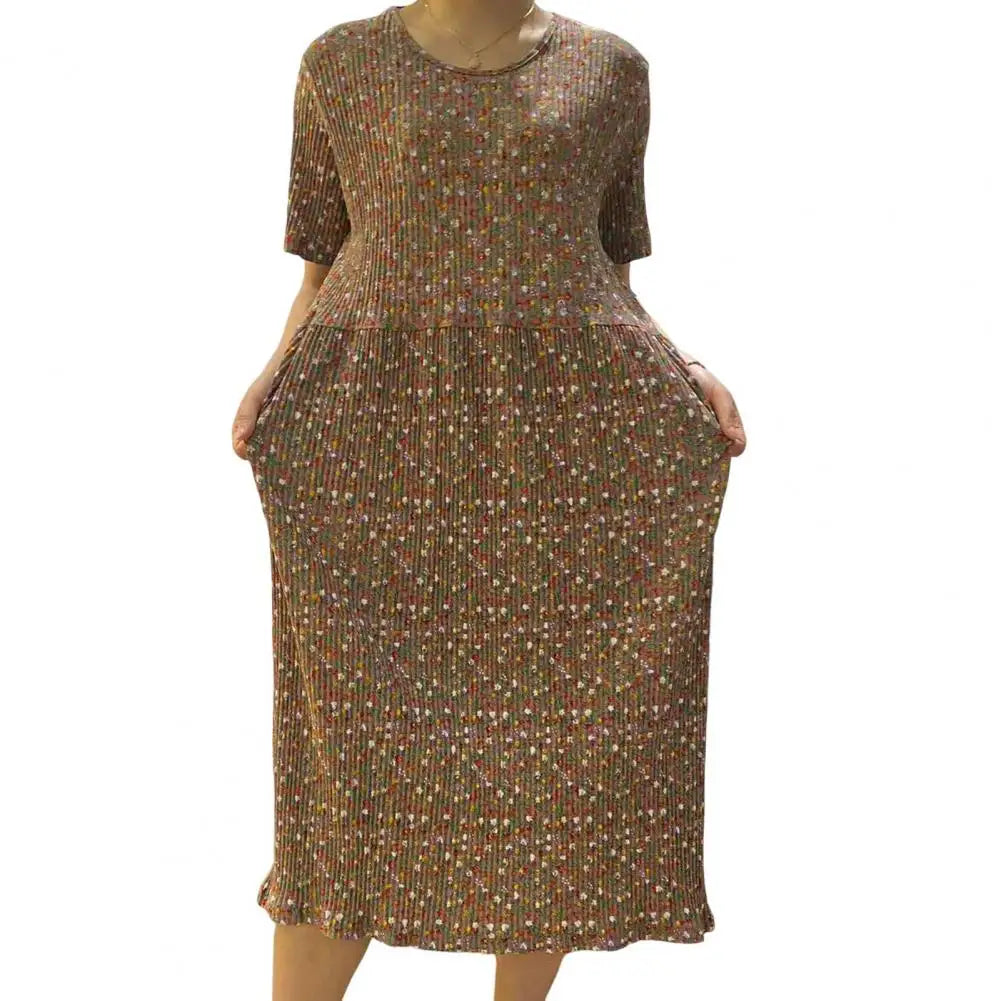 Summer Women Dress Small Flower Print Crew Neck Loose Short Sleeves Pleated Dating Shopping Midi Dress Mid-calf Length Pullover