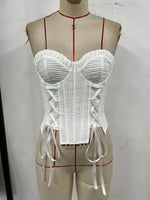 Summer Women White Strapless Waist Cinched Top Women White Drawstring Side Slim Fishbone CorsetClub Party Streetwear Camisole