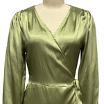 Smooth Satin Ruffle Trim Dress Women Mini Dress V-Neck Lantern Long Sleeve Side Lace-up Dress Solid Color