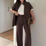 Women's Two Piece Outfit Casual Full Zip-up Short Sleeve Shirt And Wide Leg Pants Set Office Casual Lounge Tracksuit