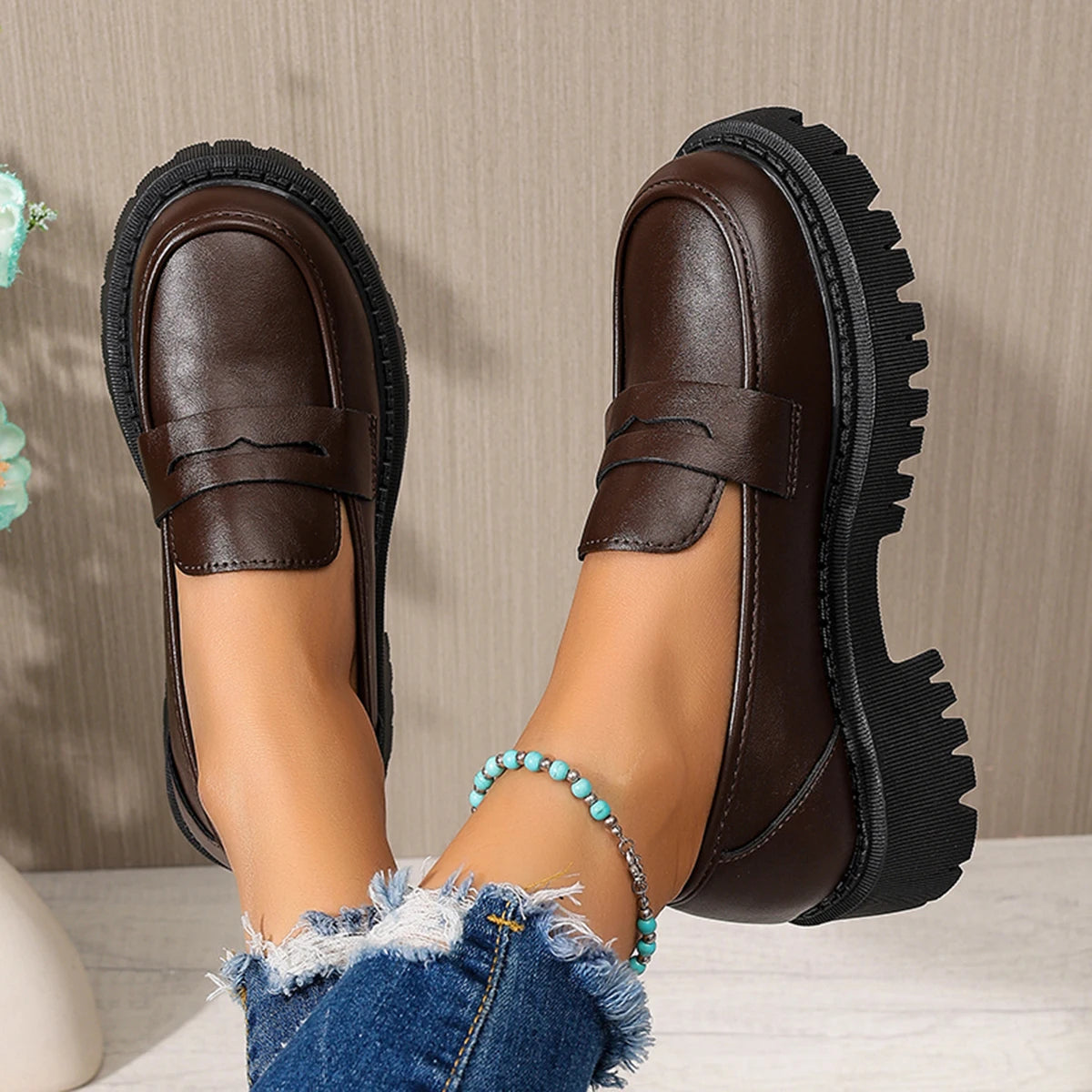 Women Penny Platform Loafer Shoes Slip On Chunky Lug Sole Round Toe Vintage Preppy Office Casual Dress Shoes