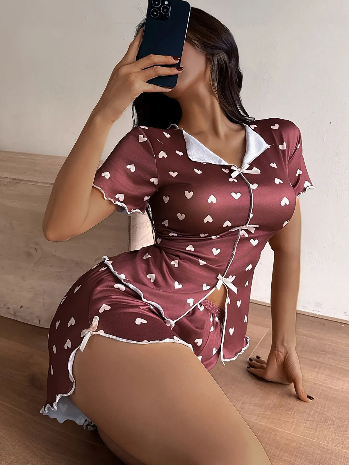 Women's Sleepwear Pajama Set Top and Shorts 2-piece Pajama Set Love Printed Lapel Bow Women's Loungewear
