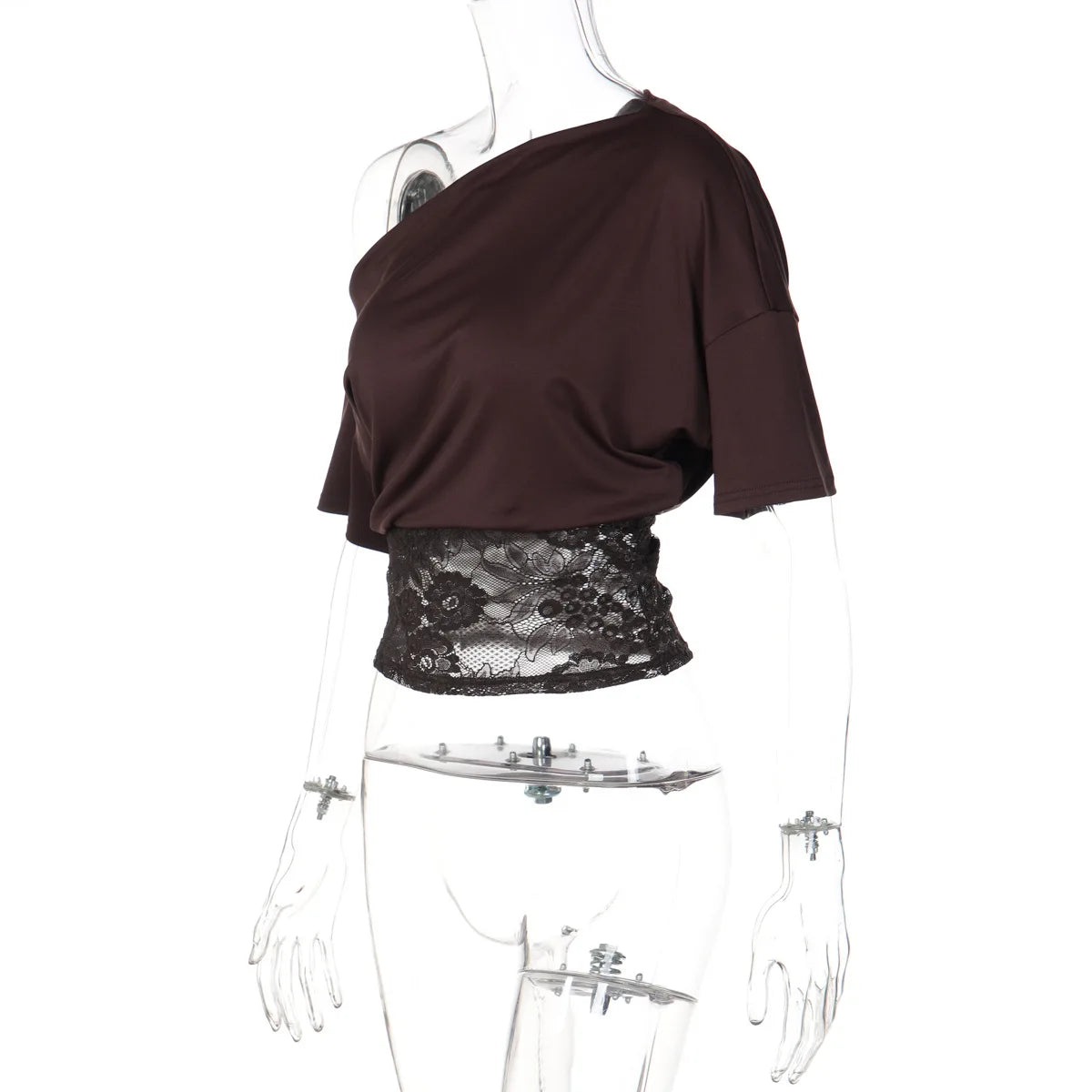 FDYOUI Sexy Chic Diagonal Collar Lace Patchwork T-shirts 2026 Women Short Sleeve Irregular Cropped T Shirt Lady Tunics Tops Tees
