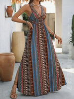 Bohemian Style Print Sleeveless Long Dresses Women Summer V-neck Backless Leace-up Slit Dress Casual Lady Vacation Vestidos