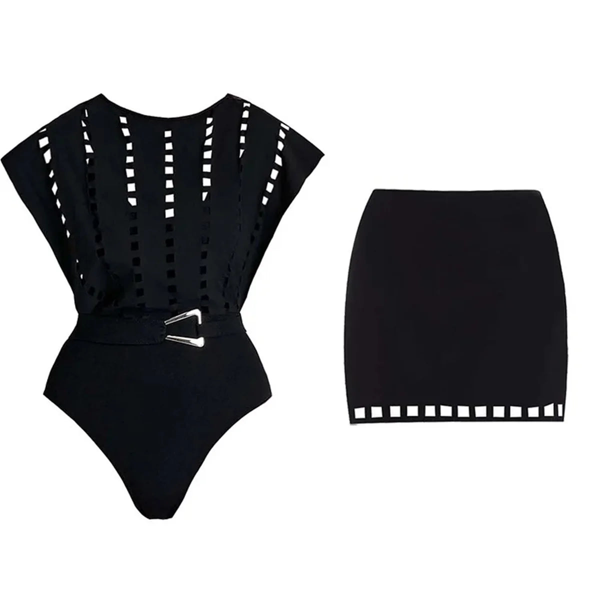 New 2Pcs Black Hollow Swimsuit Women Sexy Swimwear With Midi Skirt Push Up Bikini Female Biquini Bathingsuit Bodysuit Beachwear