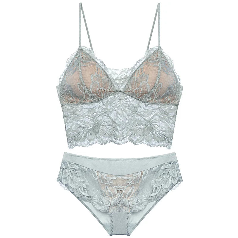 French Backless Bralette Sheer Lace Wireless Halter Top No Underwire Anti Nipple Show Comfort Bra & Tushy Set CA MOYISU Sexy Bra