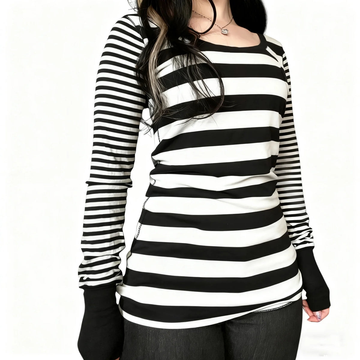 Women Striped Print Long Sleeve Tops Fitted Round Neck Fall T-shirts Casual Streetwear for Daily Office Party