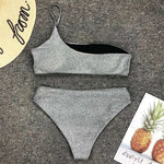 Shiny Glitter Sparkling High Waist Bikini Female Swimsuit Women Swimwear Two-pieces Bikini Set One Shoulder Bathing Suit V1264