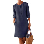 Summer Boho Vintage Dress Women Casual Long Sleeve Buttons Pockets Cotton Linen Loose Knee-length Dress