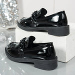 Chain Decor Patent Leather Women's Loafers Comfortable Slip On Med Heel Student Shoes Woman Plus Size Point Toe Oxford Shoes 42