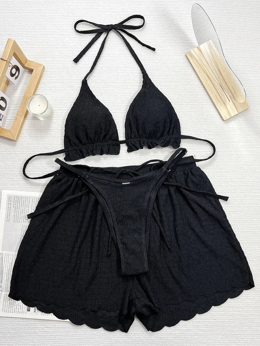 Ruffled Firlled Halter Bikini Women Swimwear Female Swimsuit Three-pieces Bikini Set with Shorts Bathing Suit Swim Beachwear