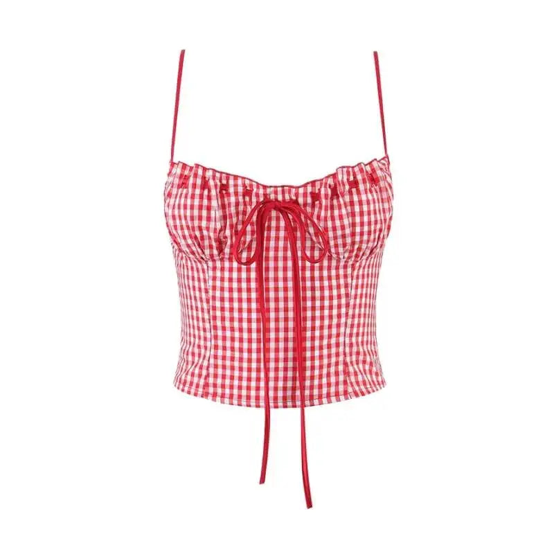 Sweet Girly Plaid Polka Dot Print With Drawstring Tie For Vacations Red Gingham With Bow Scallop Trim Fitted Bustier Style X6P8