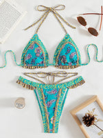 Floral Print Halter Ruffle Frilled Bikini Women Thong Swimwear Female Swimsuit Two-pieces Bikini Set Bathing Suit Swim Beachwear