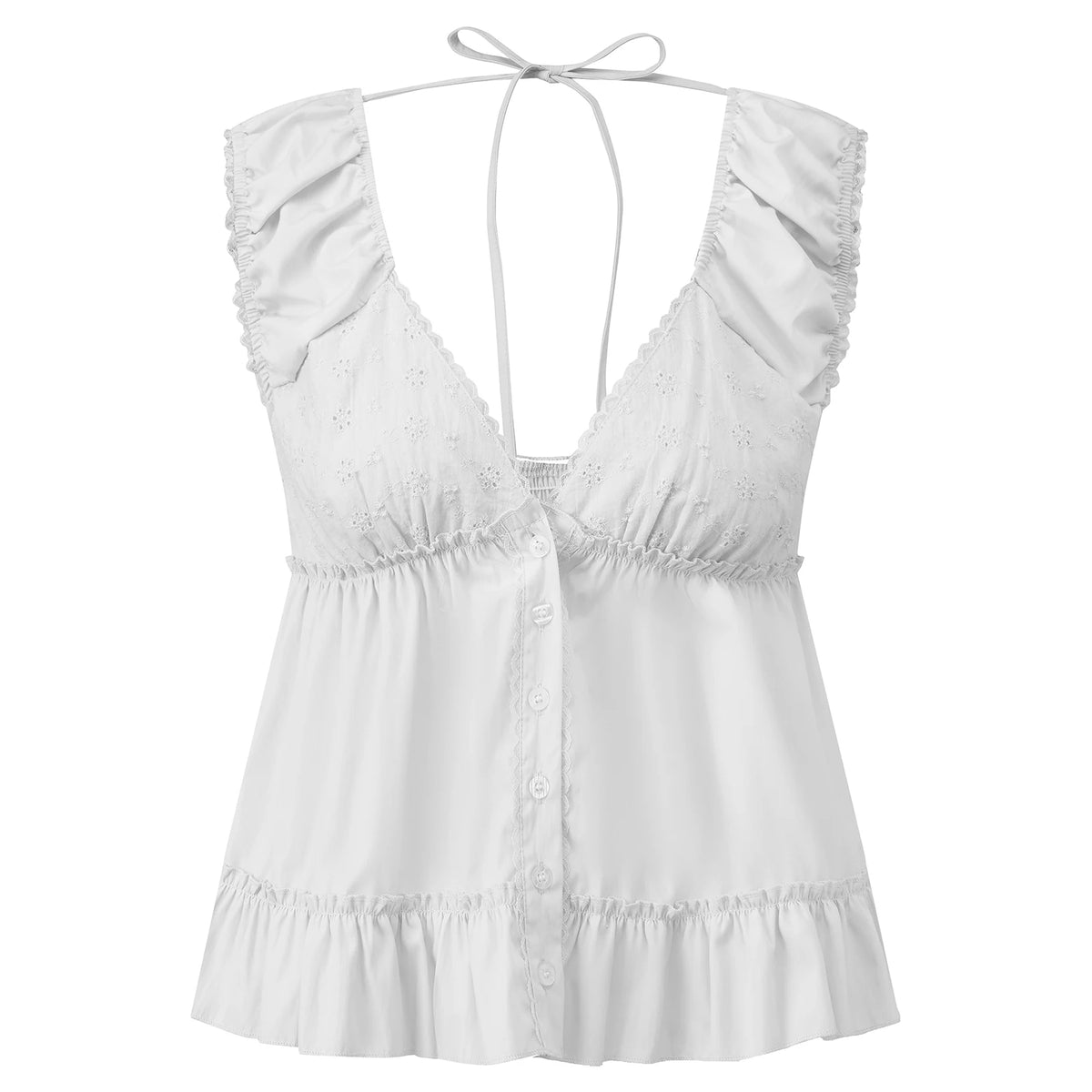 Women's Summer Solid Color Babydoll Tank Tops Button Down Stylish Lace Trim Loose Hem Deep V Neck Sleeveless Shirts